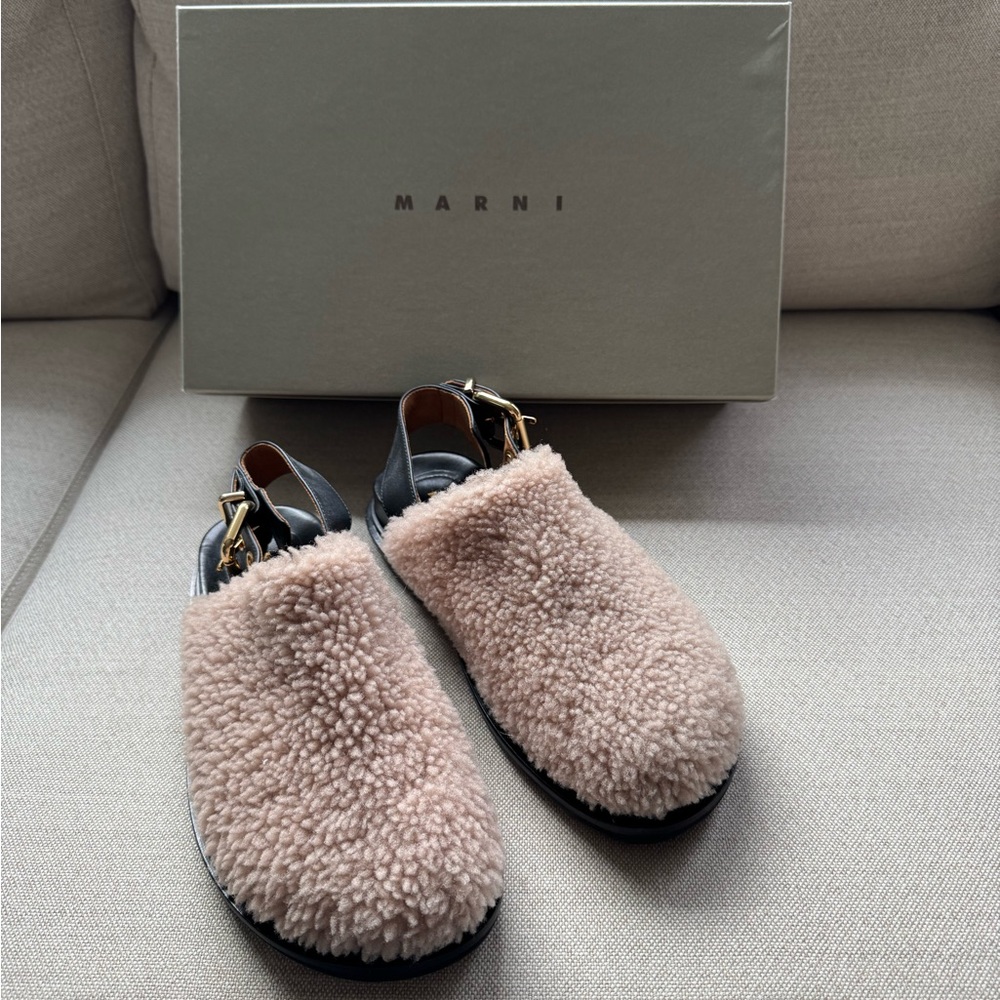 Marni Shearling Mules in Taupe